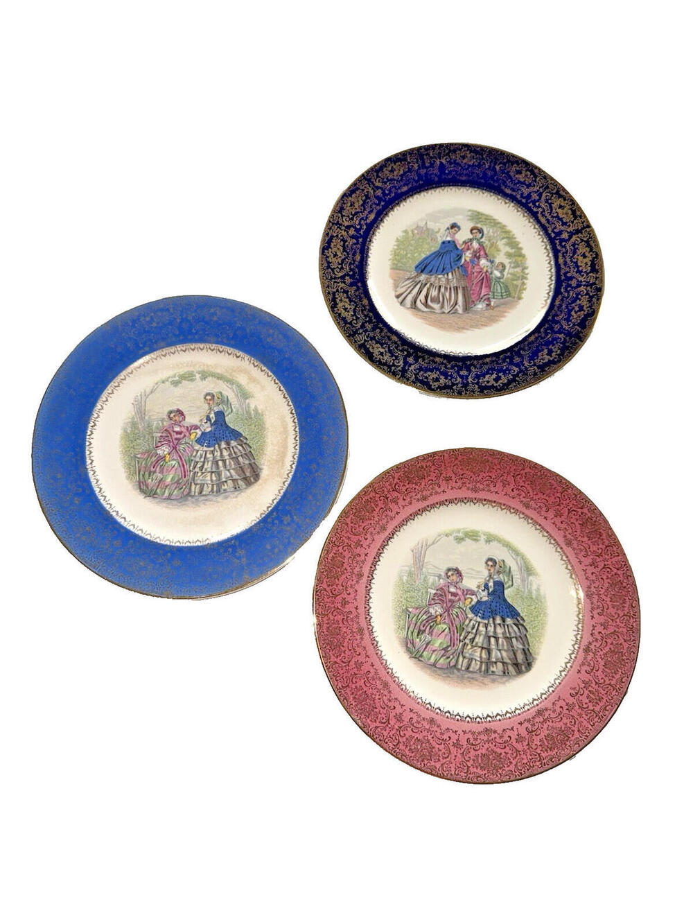 Set of 3 Imperial Salem China Co Service Plates - 23 Karat Gold Victorian Ladies